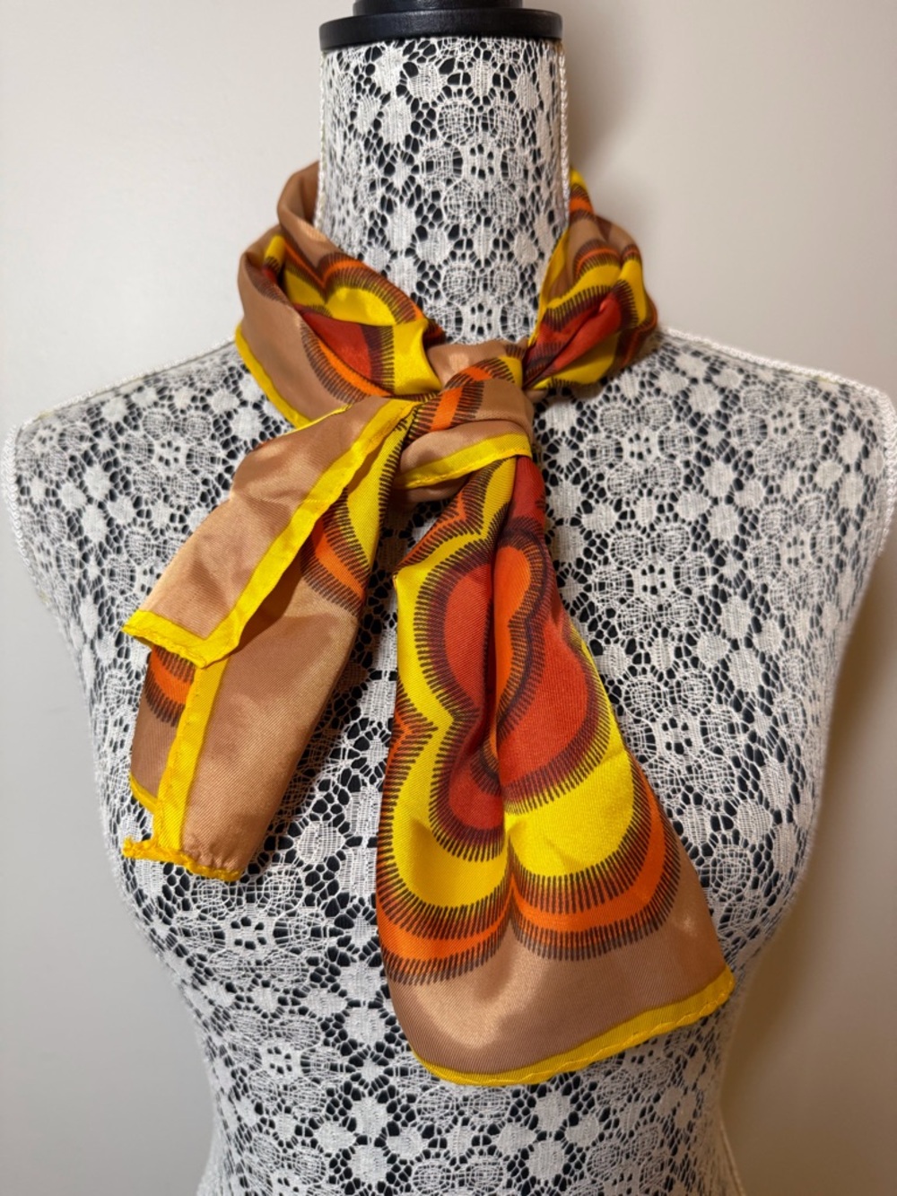 Vintage Adorit Acetate Scarf made in Japan Retro Mod Floral Brown Yellow Orange